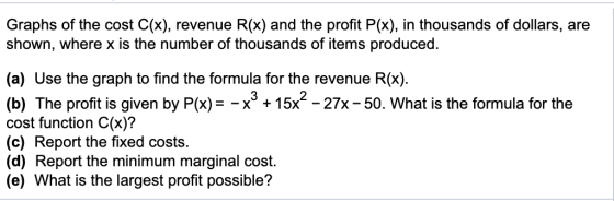 Graphs of the cost C(x), revenue R(x) and the profit P(x), in thousands of dollars, are shown, where x is the number of thous