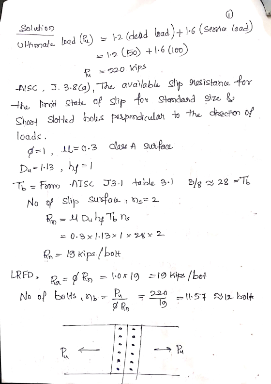 Solution Ultimate load (Pe) = 1.2 (dead load) + 16 ( service load) -12 (50) +1.6 (100) Pu =220 kips AISC , J. 3-8(a), The ava