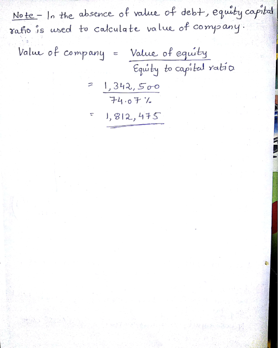 value of debt, eguity capitos Note the absence of xafio is used to calculate value of company Value, of company·Value of equi