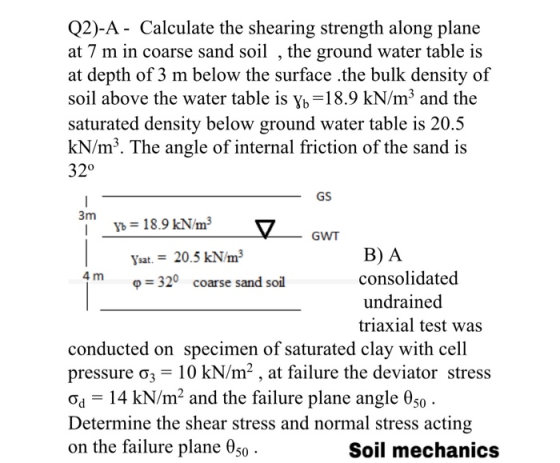 Q2)-A - Calculate the shearing strength along plane at 7 m in coarse sand soil , the ground water table is at depth of 3 m be