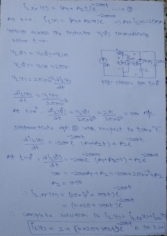 -2000€ Lito It) = At Até A t=0, los = Arroje = A=1210) = 25mg Voltage across the inductor wish monedide after t-oi DVD) 3250