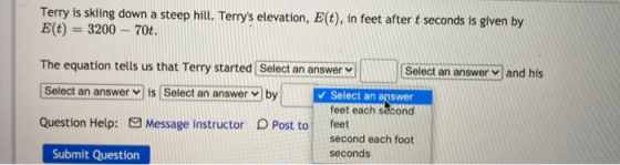 Terry is skiing down a steep hill. Terrys elevation, Eſt), in feet after t seconds is given by E(t) = 3200 - 70t. The equati