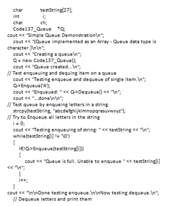 testString[27 char int char Code137_uue Q cout<<Simple Queue Demonstration\n; cout<<(Queue implemented as an Array Queue d