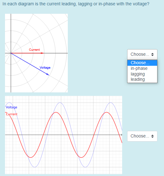 In each diagram is the current leading, lagging or in-phase with the voltage? Current Voltage Choose... Choose... in-phase la