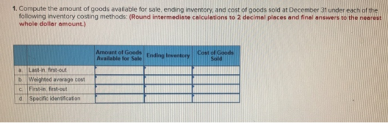 1. Compute the amount of goods available for sale, ending inventory, and cost of goods sold at December 31 under each of the