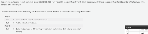 Hoover Corp., a wholesaler of music equipment, issued $29,700,000 of 20-year, 6% callable bonds on March 1, Year 1, at their