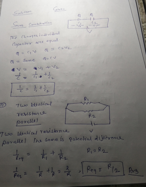 Soluhon 1 Combination the Charges individual Capacitor are equal. - cav. a = cave a = Same Qocv av av + V2 た。 + 2 = 1 + 1 / 2