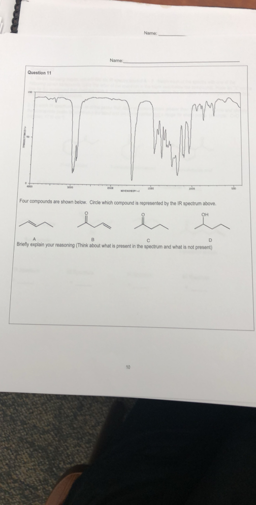 Name: Question 11 Four compounds are shown below. Circle which compound is represented by the IR spectrum above. n is in Brie