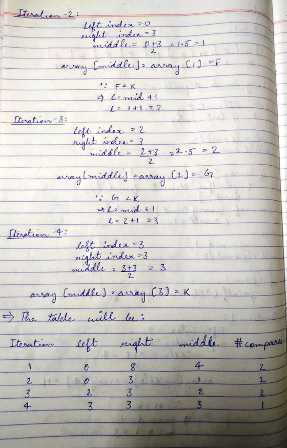 Iteration 2 left index=0 inden 3 middle = 0+3 21:5=1 arvey (middle. 13 asicy C1] =E : FLK ez mid + 1 ez 1+1=2 Iteration 3 lef
