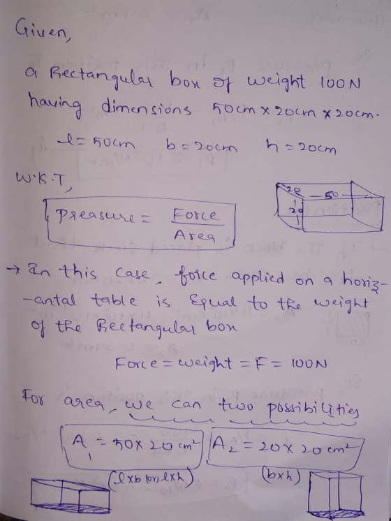 Ginen, a Rectangular box of weight loon having dimensions 50 cm x 20cm x 20cm. l=50cm b=room h=20cm W. KT Preasure Force Area