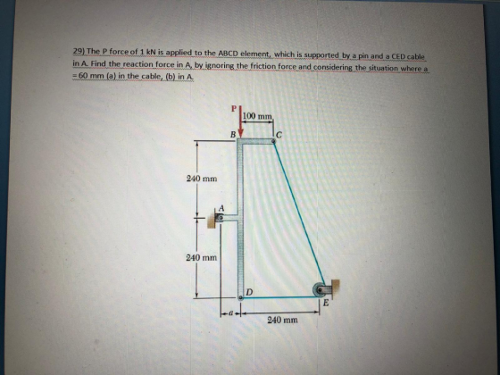 29) The P force of 1 kN is applied to the ABCD element, which is supported by a pin and a CED cable in A. Find the reaction f