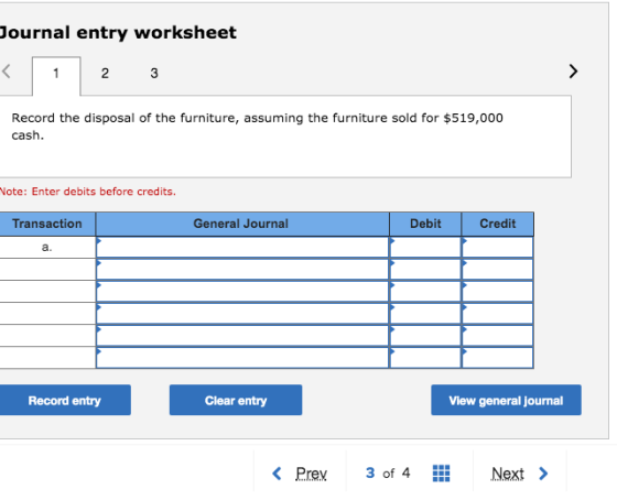 Journal entry worksheet Record the disposal of the furniture, assuming the furniture sold for $519,000 cash. Vote: Enter debi