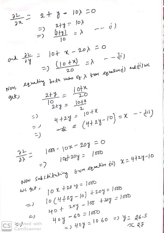 22 2+ y - 10120 an a Yol chto (74) -- = ed =) 10 and 24 = lot a- 20x=0 =) (10+) -- 20 Now, equating both valus ofx from equat