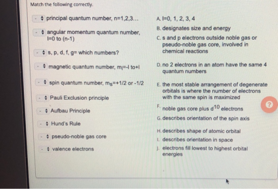 Match the following correctly principal quantum number, n=12.3 Al=0, 1, 2, 3, 4 B. designates size and energy C. s and p elec