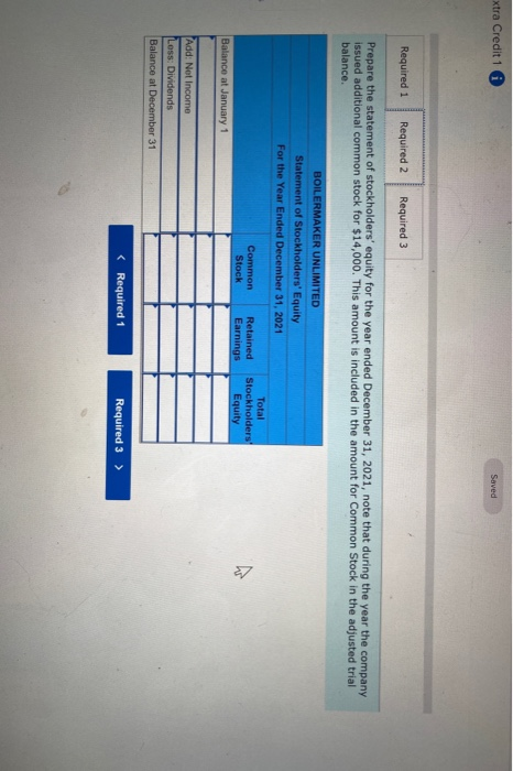 xtra Credit 1 Saved Required 1 Required 2 Required 3 Prepare the statement of stockholders equity for the year ended Decembe