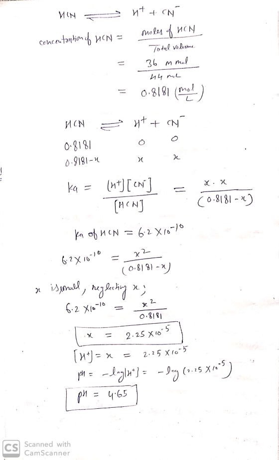 MIN - nt tch concentration of HCN = = moles of NCH Total volume 36 mmal ич L 0.8181 (mod) = HCN 0.8181 4t+ oH 0 0 se z ř 11 k