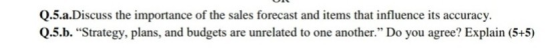 Q.5.a.Discuss the importance of the sales forecast and items that influence its accuracy. Q.5.b. “Strategy, plans, and budget