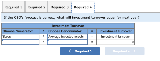 Required 1 Required 2 Required 3 Required 4 If the CEOs forecast is correct, what will investment turnover equal for next ye