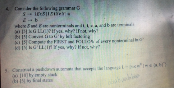 4. Consider the following grammar G S - iEtS iEtSeS a E b where S and E are nonterminals and i, t, e, a, and b are terminals