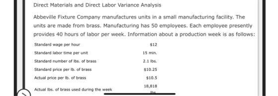 Direct Materials and Direct Labor Variance Analysis Abbeville Fixture Company manufactures units in a small manufacturing fac