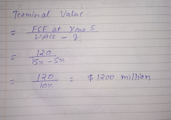 Terminal value FCE at years Lресс - 9 120 15% – 5% 120 10% = $1200 million