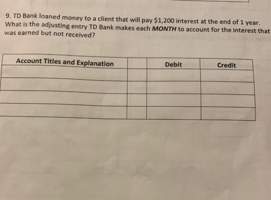 9. TD Bank loaned money to a client that will pay $1,200 interest at the end of 1 year. What is the adjusting entry TD Bank m