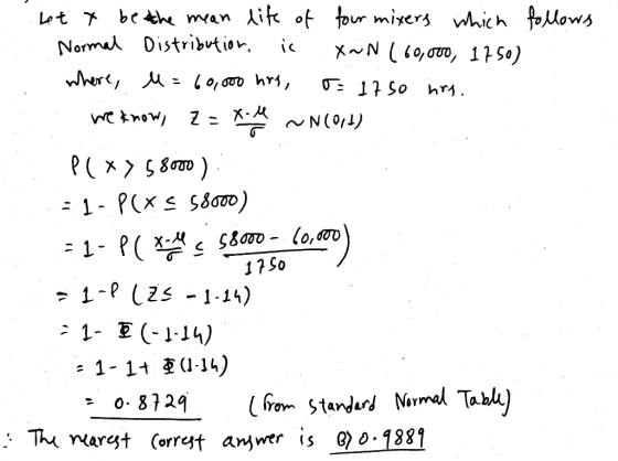 het y be the mean life of four mixers which follows Normal Distributior. ic X~N 160,000, 1750) where, u=60,000 hrs, o= 17.50