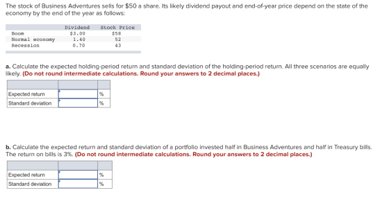 The stock of Business Adventures sells for $50 a share. Its likely dividend payout and end-of-year price depend on the state