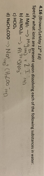 4.16 (Brown/LeMay 12th Ed) Specify what ions are present upon dissolving each of the following substances in water: a) Mgl2 -