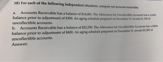 3B) For each of the following independent situations, compute net accounts receivable. a. Accounts Receivable has a balance o