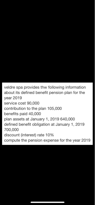 veldre spa provides thw following information about its defined benefit pension plan for the year 2019 service cost 90,000 co