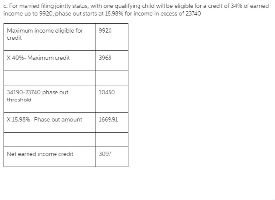 c. For married filing jointly status, with one qualifying child will be eligible for a credit of 34% of earned income up to 9