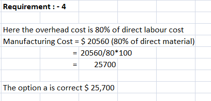 Requirement: -4 Here the overhead cost is 80% of direct labour cost Manufacturing Cost = $ 20560 (80% of direct material) = 2