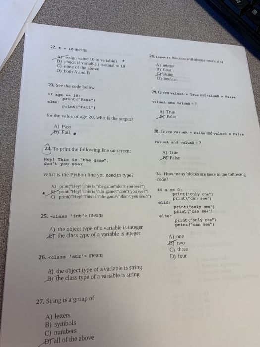 22. t 0 means 28. input sign value 10 to variable t B) check if variable t is equal to 10 C) none of the above D) both A and