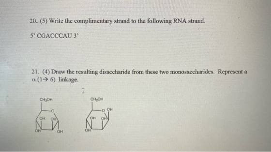 20. (5) Write the complimentary strand to the following RNA strand. 5 CGACCCAU 3 21. (4) Draw the resulting disaccharide fro