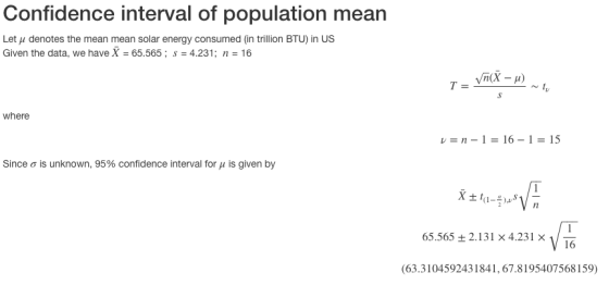 Confidence interval of population mean Let i denotes the mean mean solar energy consumed (in trillion BTU) in US Given the da