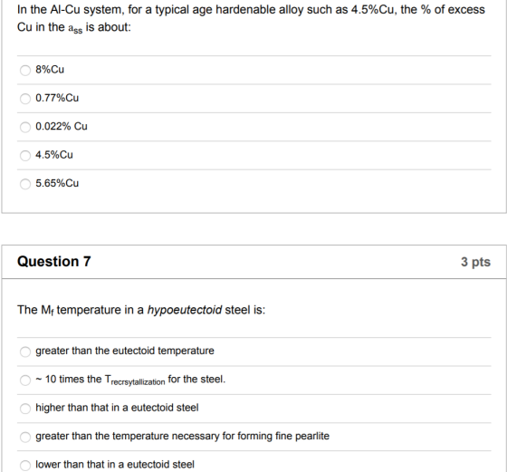 In the Al-Cu system, for a typical age hardenable alloy such as 4.5%Cu, the % of excess Cu in the ass is about: 0 8%Cu 0.77%C