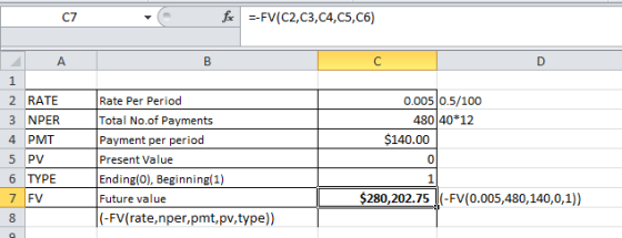 c7 - fx --FV(C2,C3,C4,C5,C6) A 1 2 RATE 3 NPER 4 PMT 5 PV 6 TYPE 7 EV 8 0.005 0.5/100 480 40*12 $140.00 Rate Per Period Total