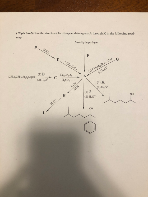 (10 pts total) Give the structures for compounds/reagents A through K in the following road- map. 6-methylhept-1-yne SOCI LG