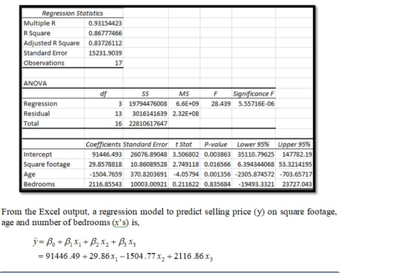 Regression Statistics Multiple R 0.93154423 R Square 0.86777466 Adjusted R Square 0.83726112 Standard Error 15231.9039 Observ