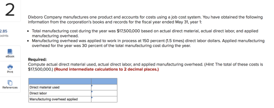 Dixboro Company manufactures one product and accounts for costs using a job cost system. You have obtained the following info