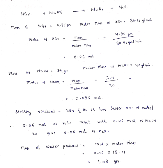 Na By + H₂O. HBr + Naon HBr = 4.85 gm malor moss of moss of HBr = 80.91 glmal 4.85 gm 1 males of HBr = males of At mass .. .