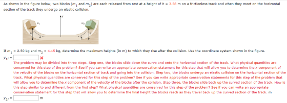 As shown in the figure below, two blocks (m, and m,) are each released from rest at a height of h = 3.58 m on a frictionless