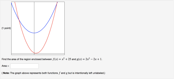 (1 point) Find the area of the region enclosed between f(x) = x2 + 25 and g(x) = 2x2 – 2x + 1. Area = (Note: The graph above