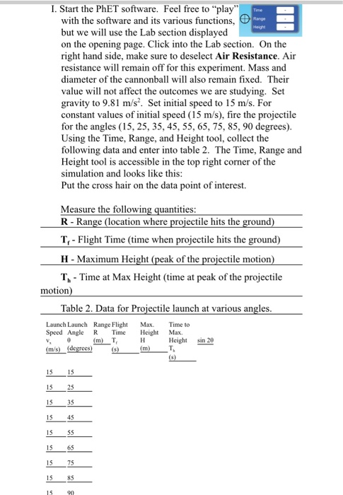 Height 1. Start the PhET software. Feel free to play with the software and its various functions, Range but we will use the