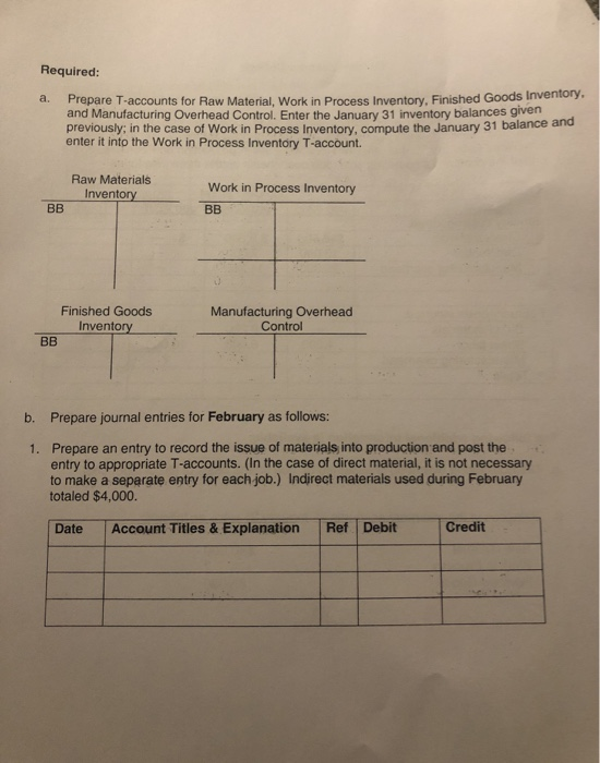 Required: a. Prepare T-accounts for Raw Material, Work in Process Inventory. Finished Goods Inventory and Manufacturing Overh