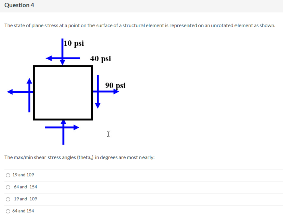 Question 4 The state of plane stress at a point on the surface of a structural element is represented on an unrotated element