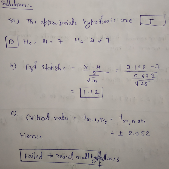 solutions IT Taj The appropriate hypothesis are (B) Ho: el = 7 Hall+7 b) Tot statistic - 7.4 7. 192 -7 0.672 128 C L-1 2] cri