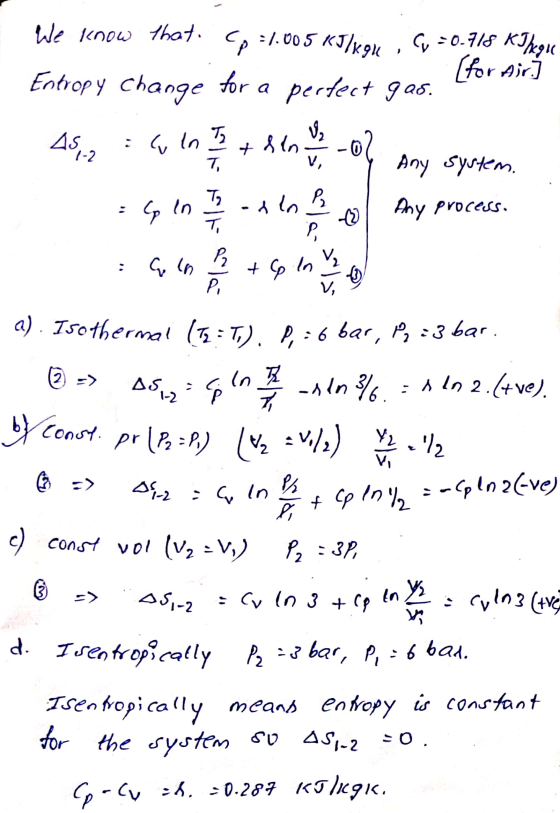 We know that. (p = 1.005 kJ/kgu C = 0.718 KI hegil (for Airl) Entropy Change for a perfect gas. +86-07 Any system, T, P, slo