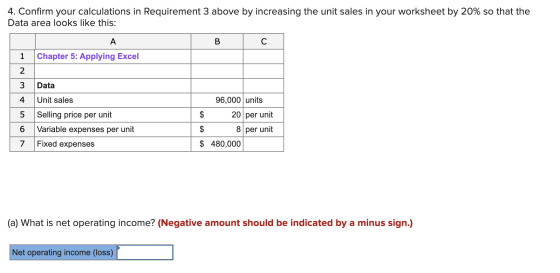4. Confirm your calculations in Requirement 3 above by increasing the unit sales in your worksheet by 20% so that the Data ar